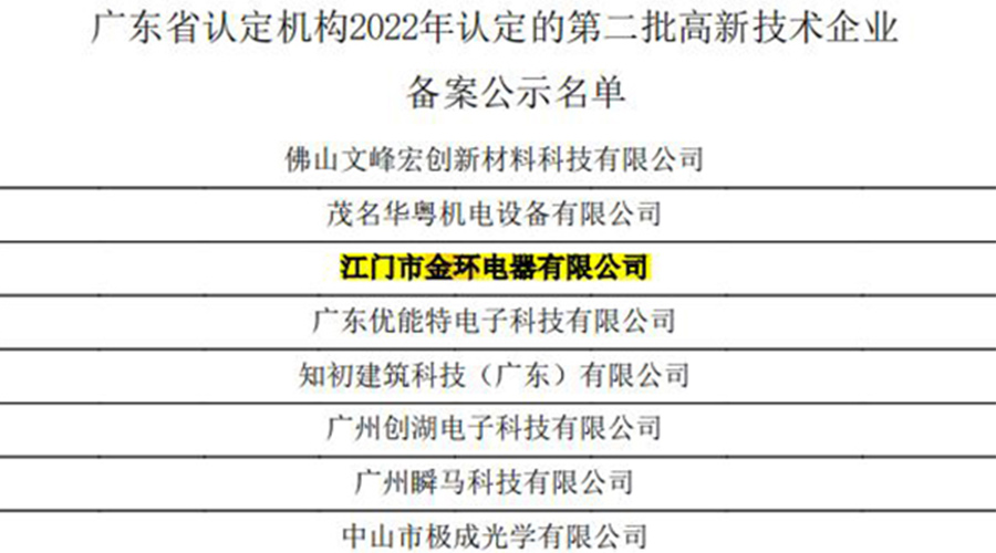 好消息！金環(huán)電器再次通過(guò)國家級“高新技術(shù)企業(yè)”認定